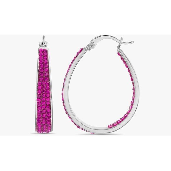 Gorgeous Oval Hot Fuschia Pink Swarovski Crystal Inside Out Hoop Earrings - Picture 4 of 6